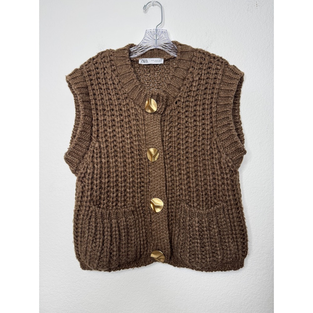 Zara Brown Chunky Knit Cardigan Vest Gold Button V-Neck Sweater Womens Size M